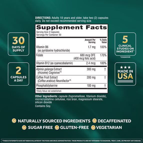 Neuriva Ultra Brain Health Supplement 60 Capsules Memory & Focus Support B Vitamins
