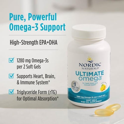 Nordic Naturals Ultimate Omega 1280mg – Fish Oil for Heart, Brain & Immune Health (180 Softgels, Lemon)
