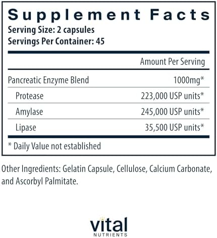 Vital Nutrients Pancreatic Enzymes 1000mg – Digestive Enzyme Supplement (90 Capsules)